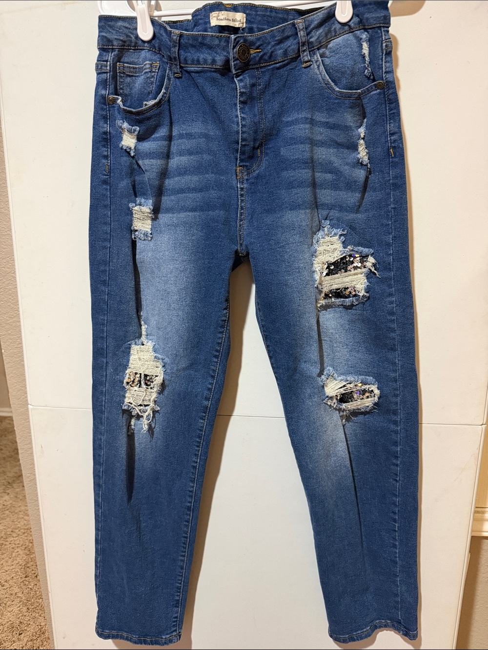 Women’s Southern Stitch Stretchy Distressed Blue Jeans with Sequin Patch Details